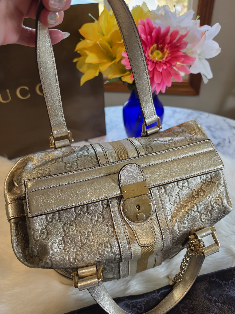 Gucci Treasure Metallic Gold Vintage Jaquard Guccismma Shoulder Bag - Picture 7 of 15